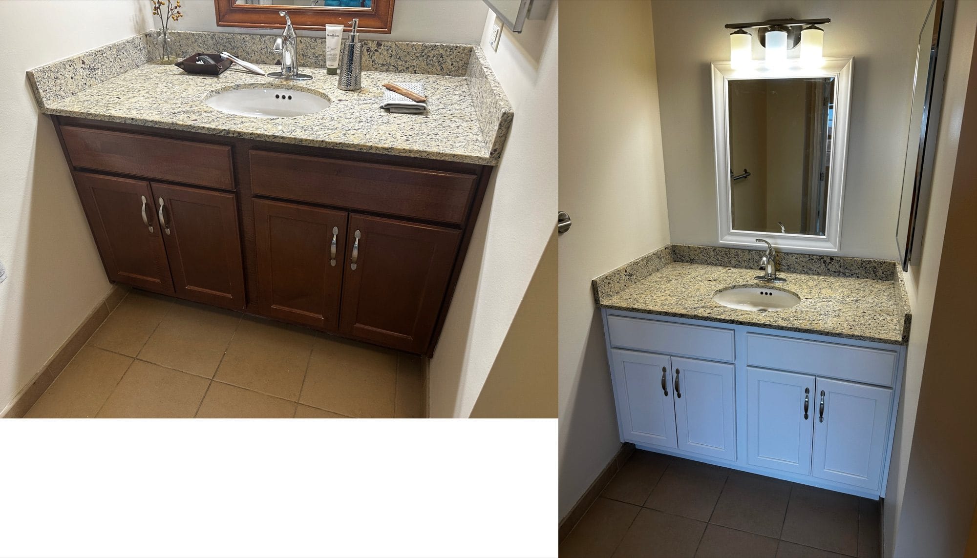 Bathroom vanity before and after painting by Sunpainting, dark wood to soft blue-gray