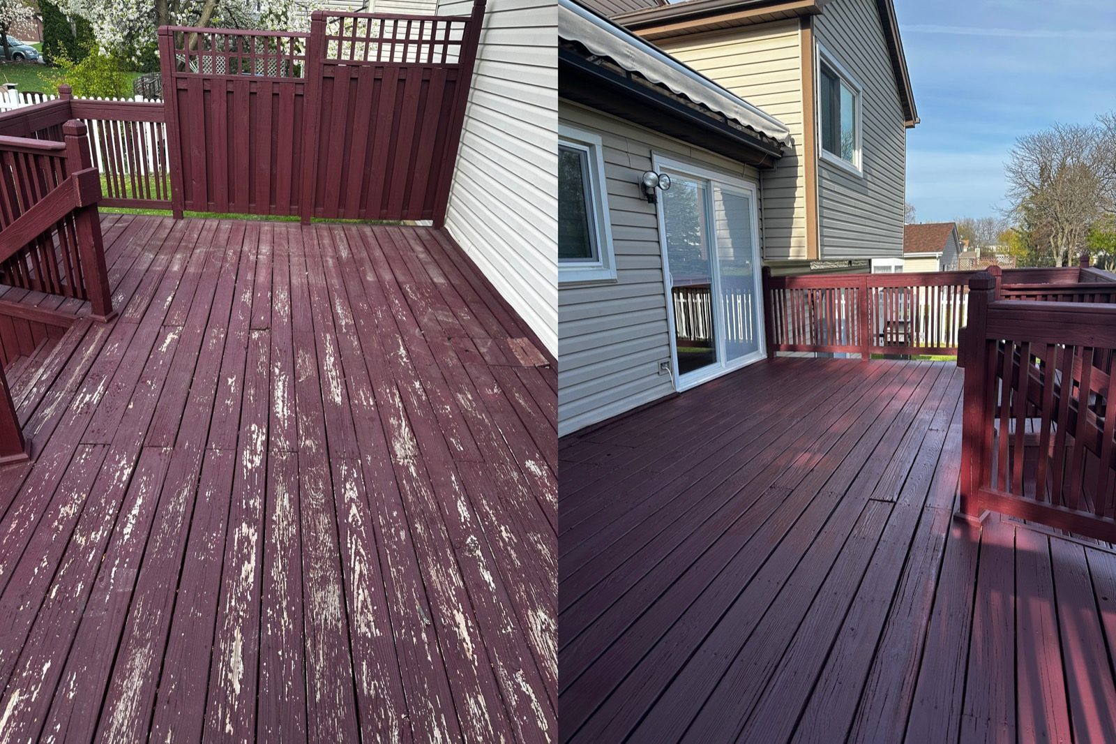 Deck with a worn, faded red finish on the left and the refinished dark red deck on the right, Sunpainting project