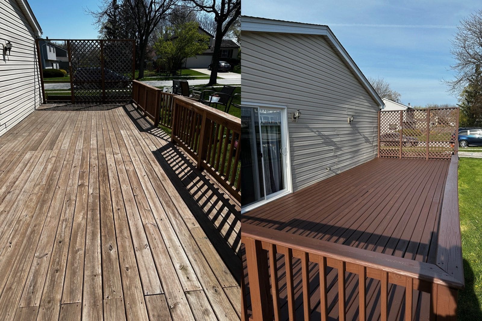Weathered gray-brown wood deck on the left and the same deck refinished in dark brown on the right, Sunpainting project