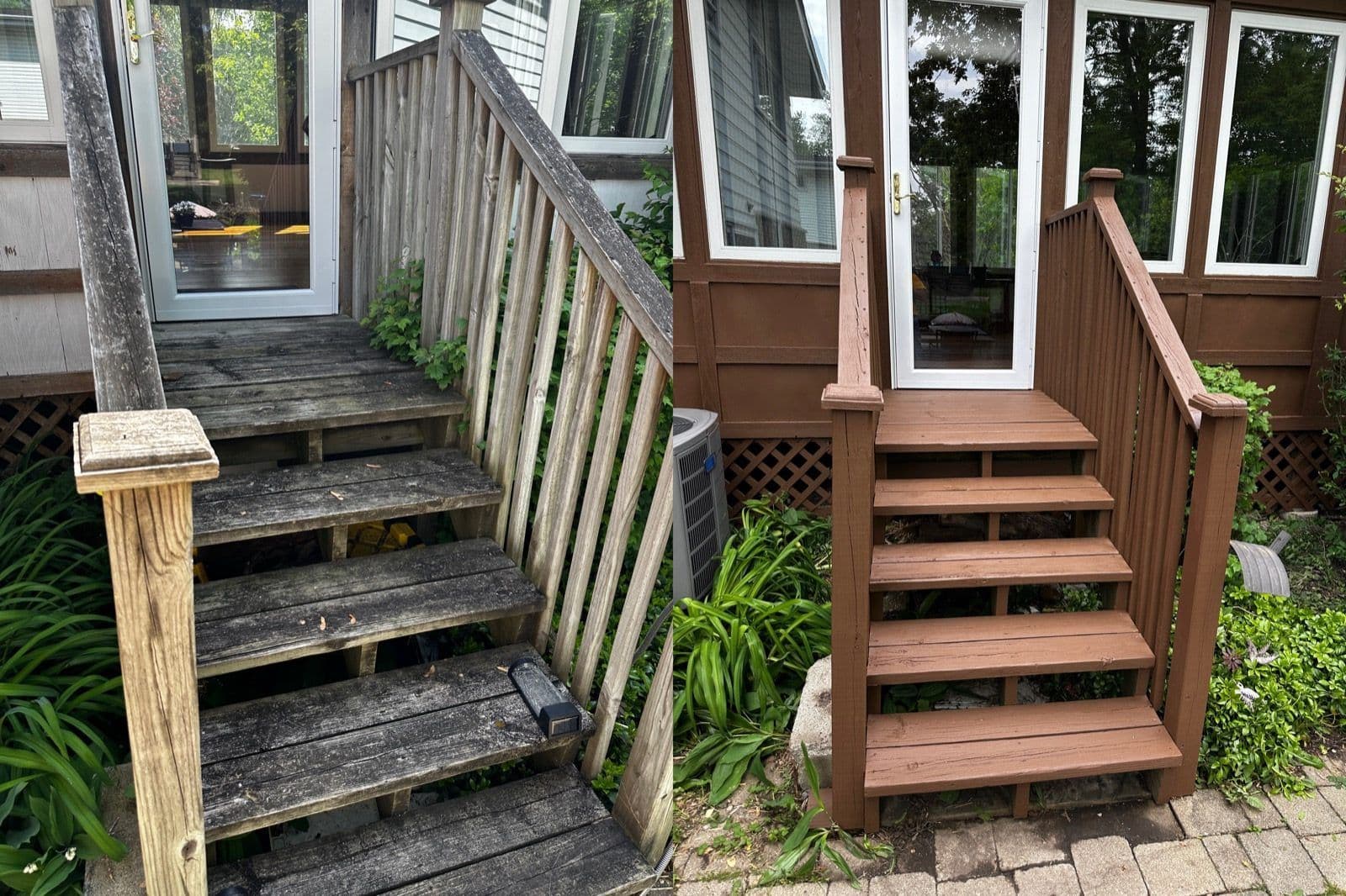 Old weathered wooden back steps on the left and refinished brown steps on the right, Sunpainting project