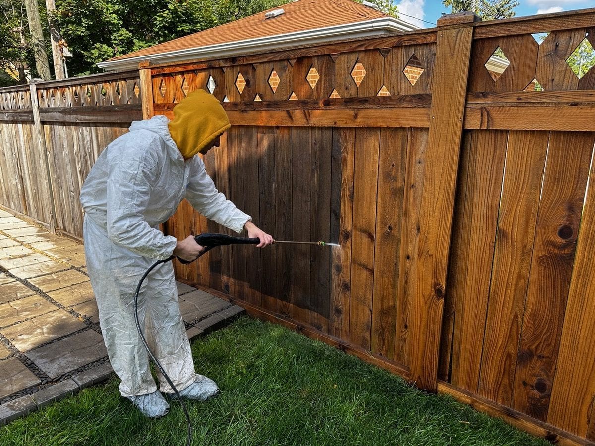Sunpainting crew member in protective coveralls spraying stain on a wood fence, with the sprayed section darker than the rest