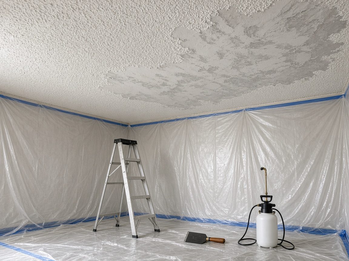 Illustrative photo of a room covered in plastic sheeting and tape with a popcorn ceiling partly scraped smooth