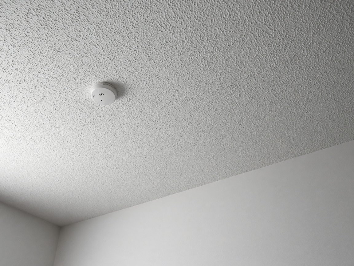 Illustrative photo of a white popcorn textured ceiling with a smoke detector