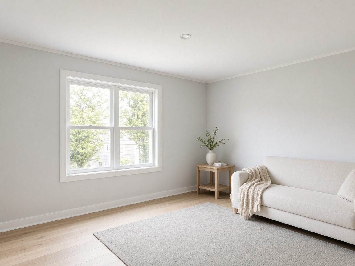 Illustrative photo of a living room with a smooth painted white ceiling