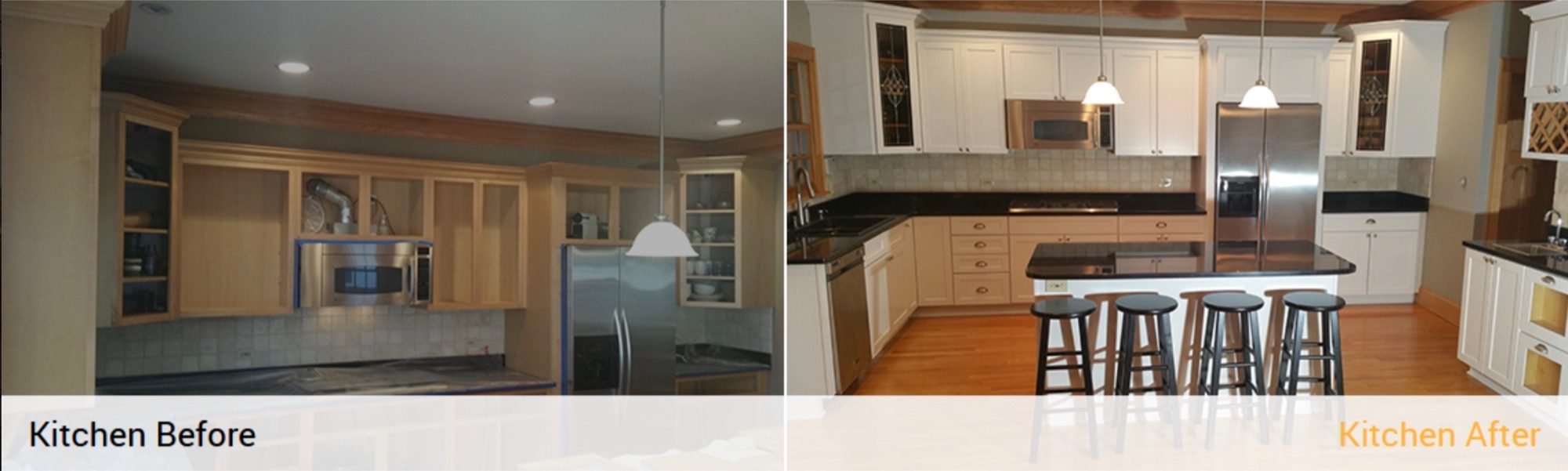 Kitchen cabinets before and after painting by Sunpainting, dated honey-wood cabinets to white