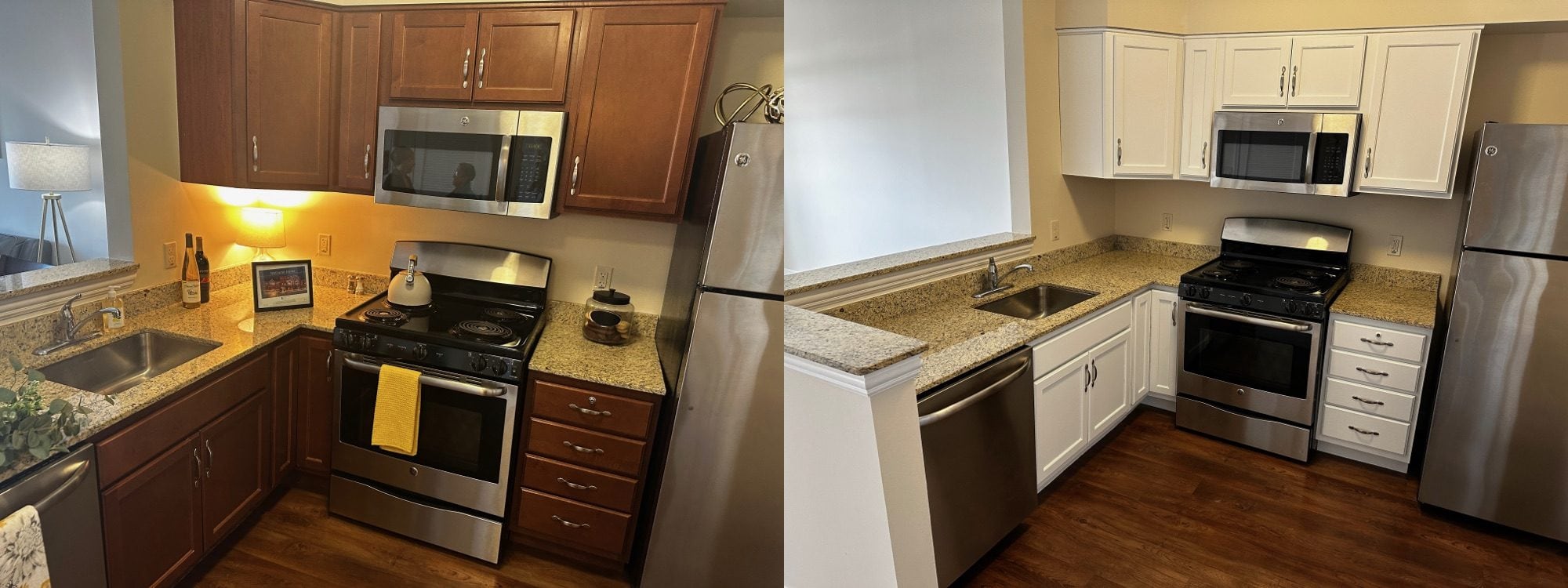 Small kitchen cabinets before and after painting by Sunpainting, dark wood to white