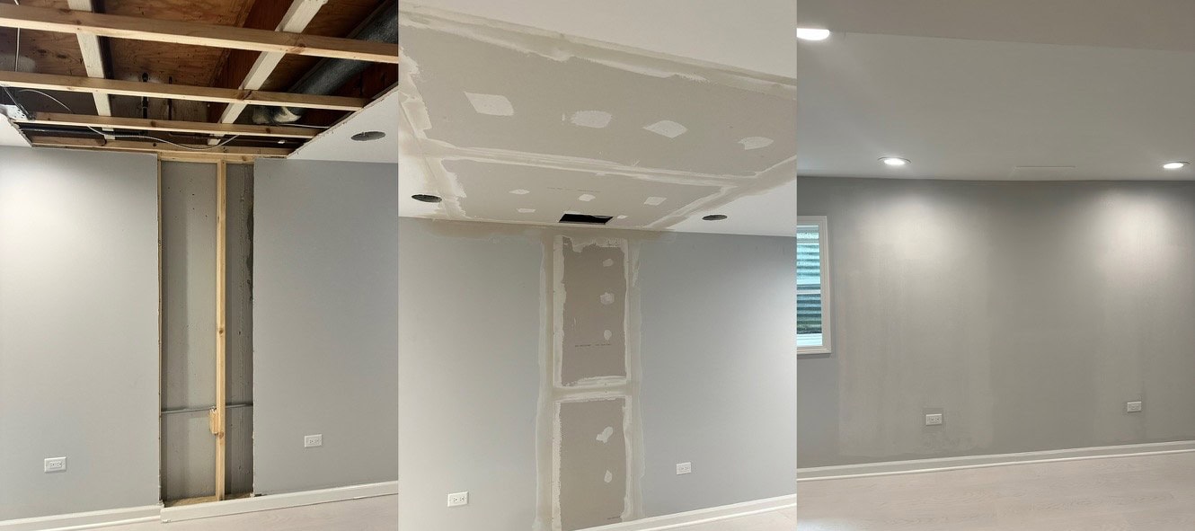 Three photos of a basement: open ceiling joists and exposed wall studs, then taped and mudded drywall around recessed lights, then the finished gray room