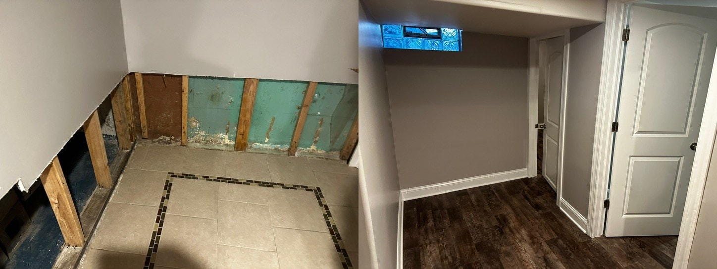 Before and after: a basement wall with the lower drywall cut out and studs exposed after flood damage on the left, and new finished walls with trim on the right
