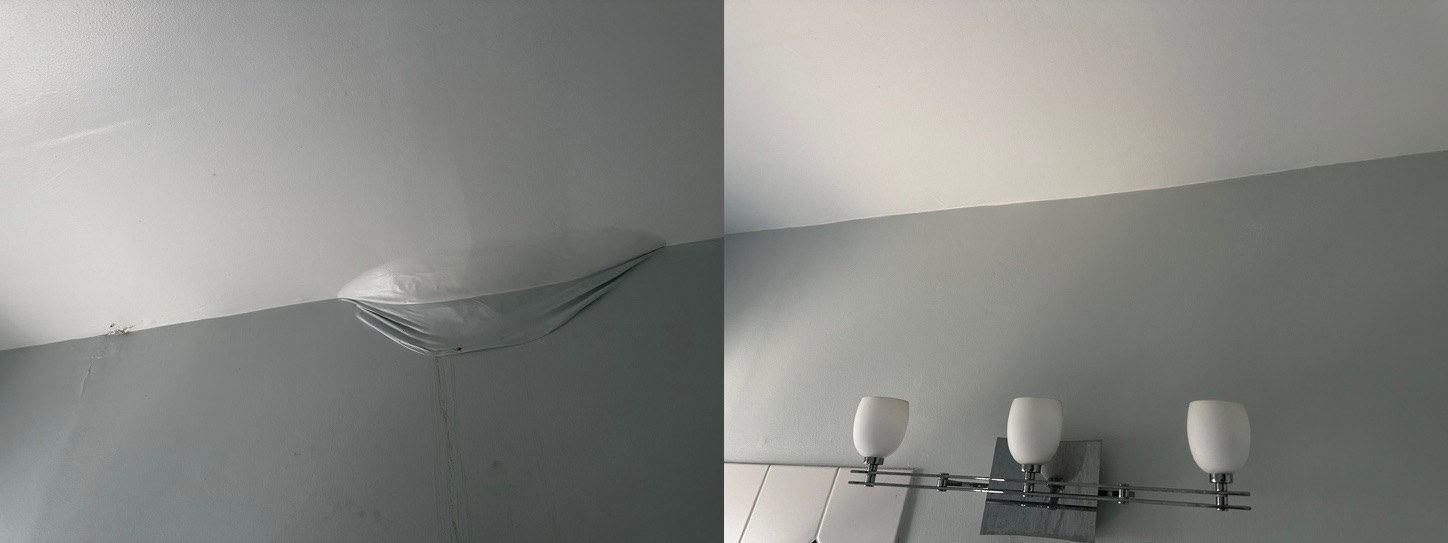 Before and after: a water-damage bubble at the ceiling and wall corner of a bathroom on the left, and the repaired smooth corner above a vanity light on the right
