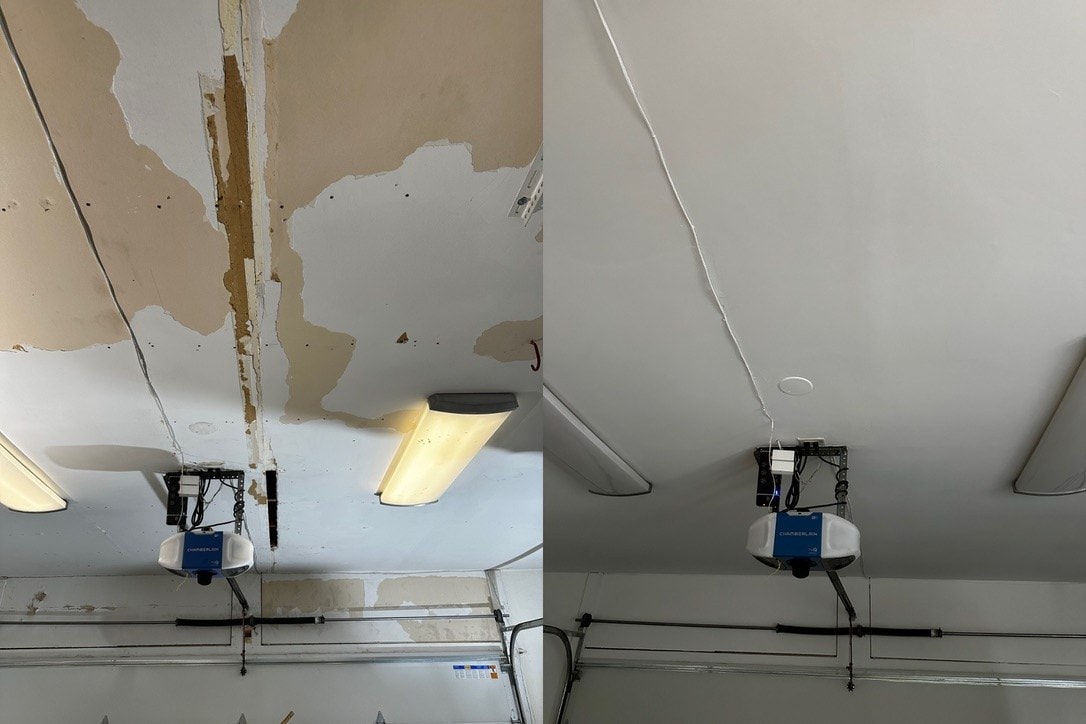 Before and after: a garage ceiling with peeling paper and paint on the left, and the smooth repaired ceiling on the right