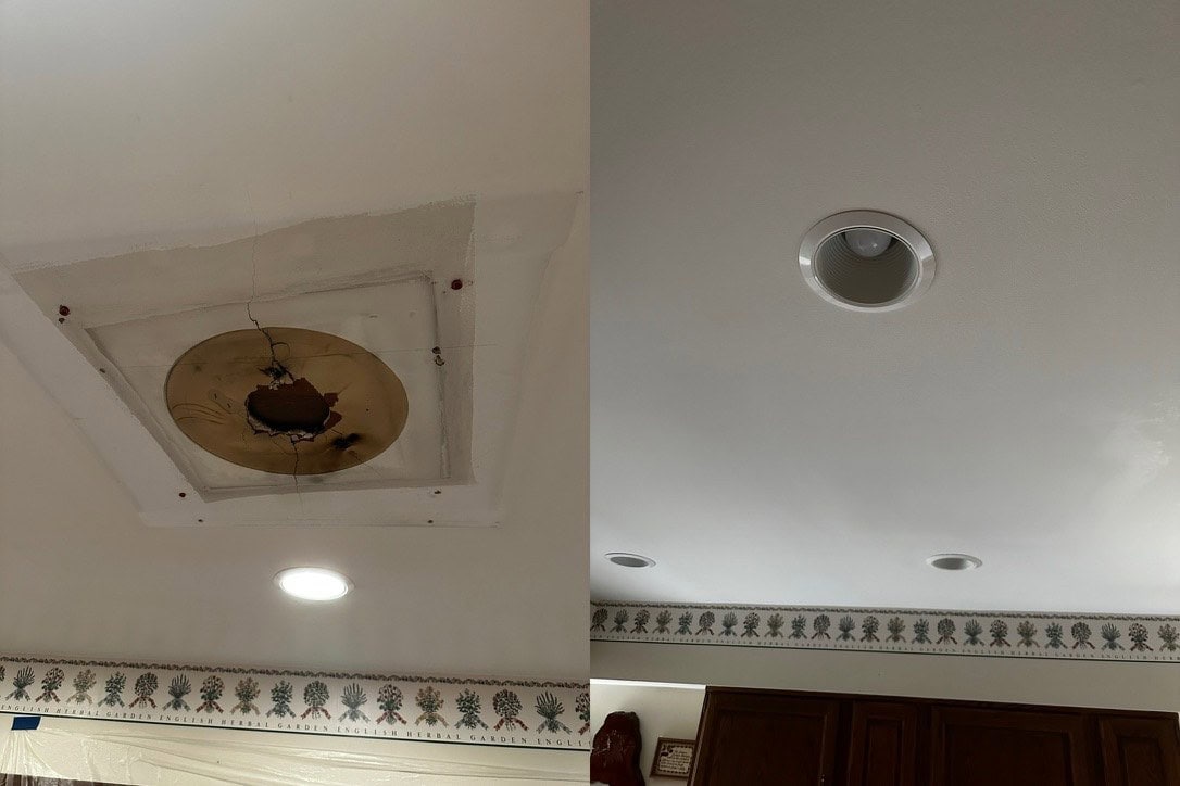 Before and after: a damaged hole in a kitchen ceiling around a light fixture on the left, and the repaired smooth ceiling with a recessed light on the right