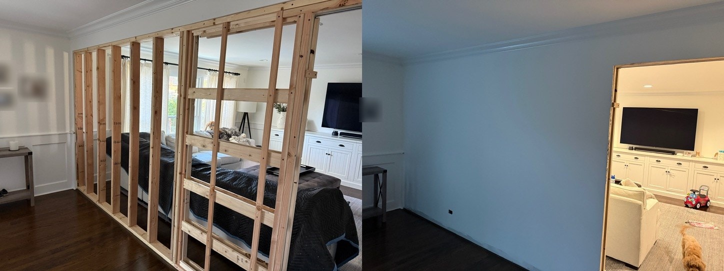 Before and after: an open-stud partition wall frame in a living room on the left, and the finished painted wall on the right