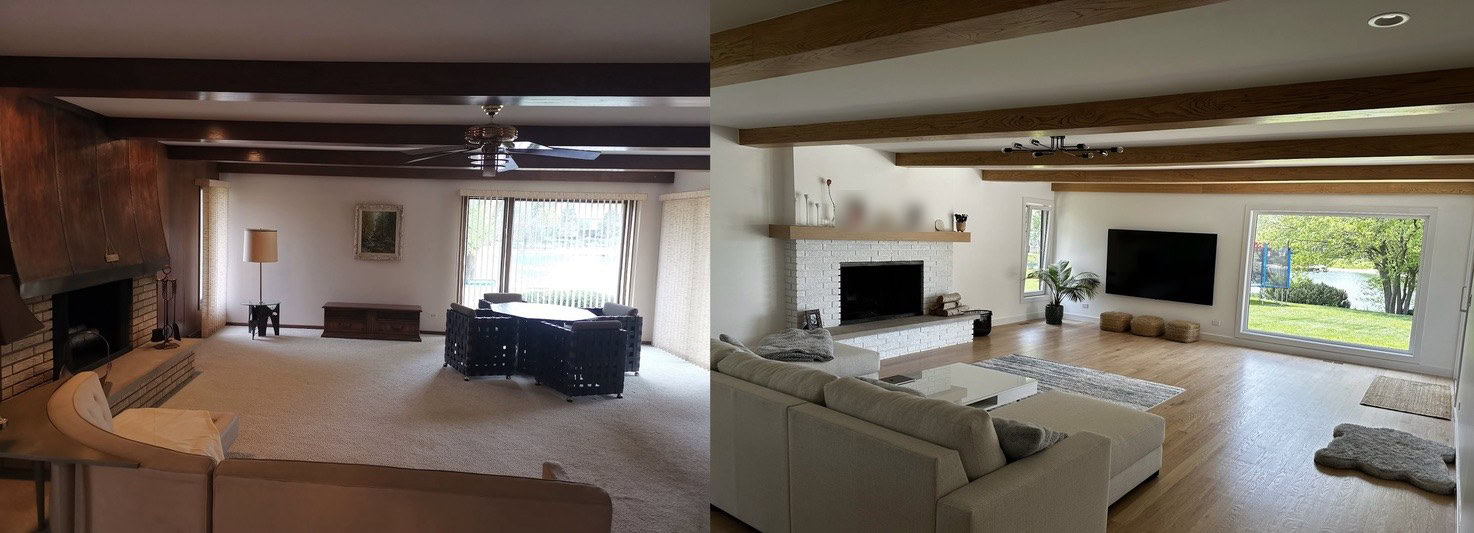Before and after: a living room with a dark wood-paneled fireplace wall on the left, and the same room with smooth white walls on the right