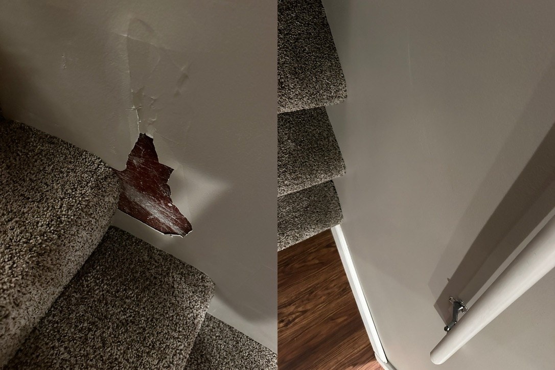 Before and after: a torn hole in a stairwell wall beside carpeted stairs on the left, and the smooth repaired wall on the right