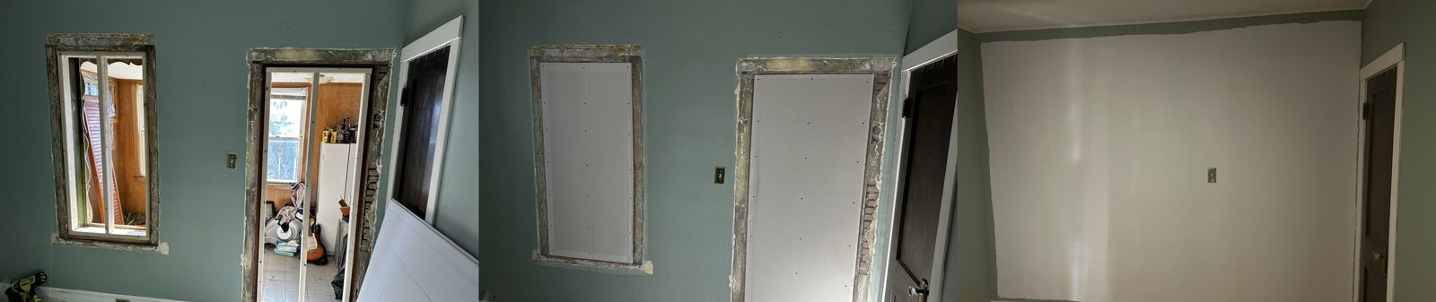 Three photos of a green-gray wall: a window and doorway opening, the openings covered with drywall panels, and the finished smooth primed wall