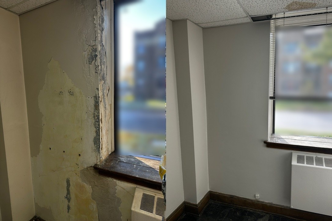 Before and after: peeling, water-damaged plaster on a wall beside a window on the left, and the smooth repaired painted wall on the right