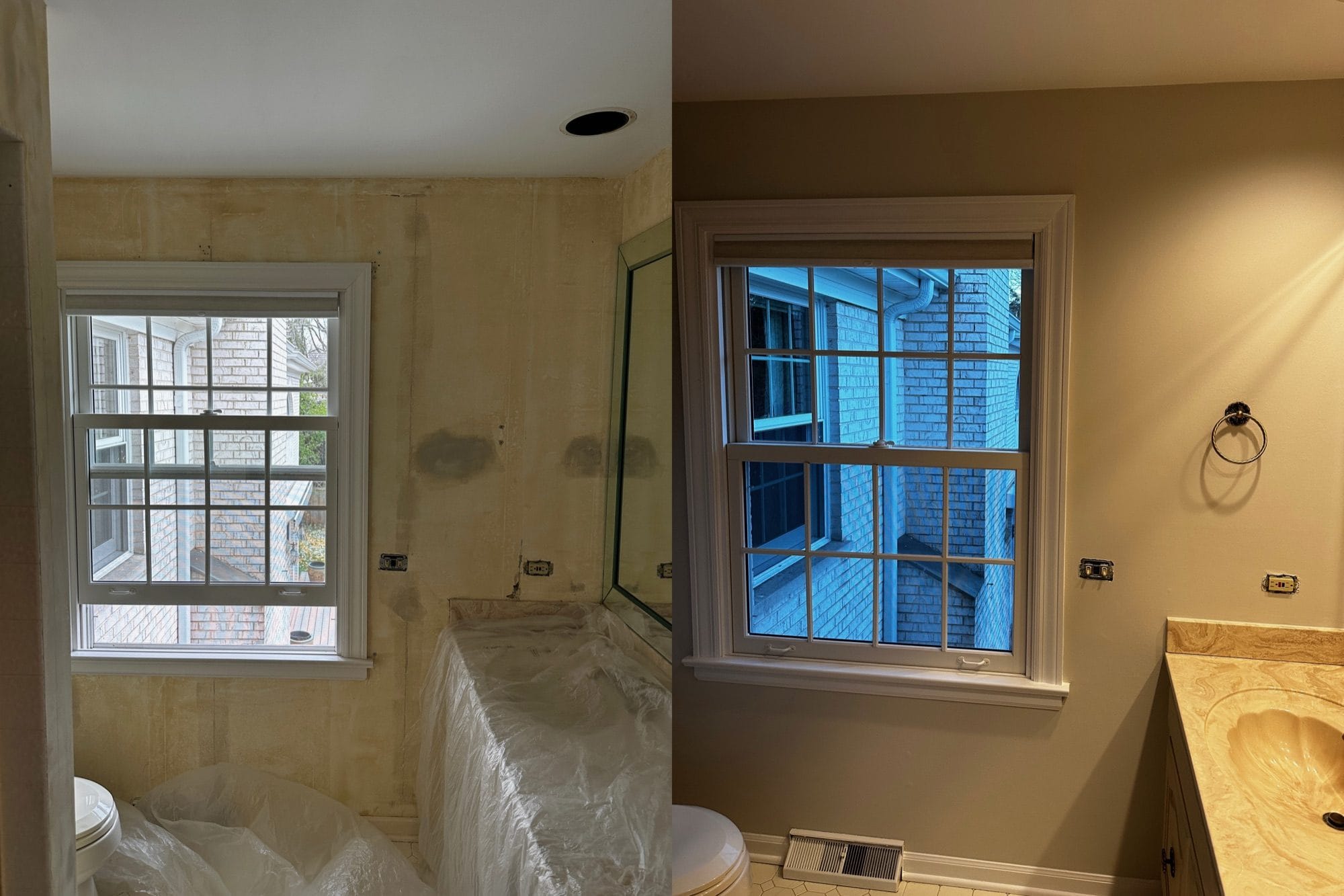 Bathroom wall after wallpaper removal on the left and after painting on the right, Sunpainting project