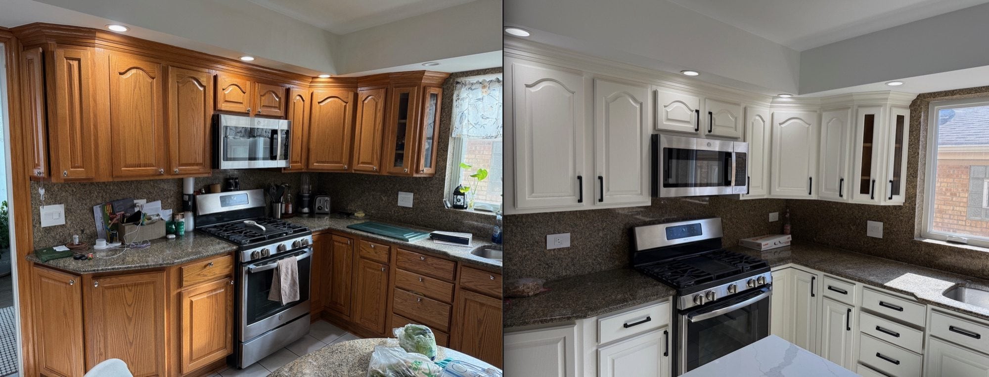 Wood kitchen cabinets before and after being painted white by Sunpainting