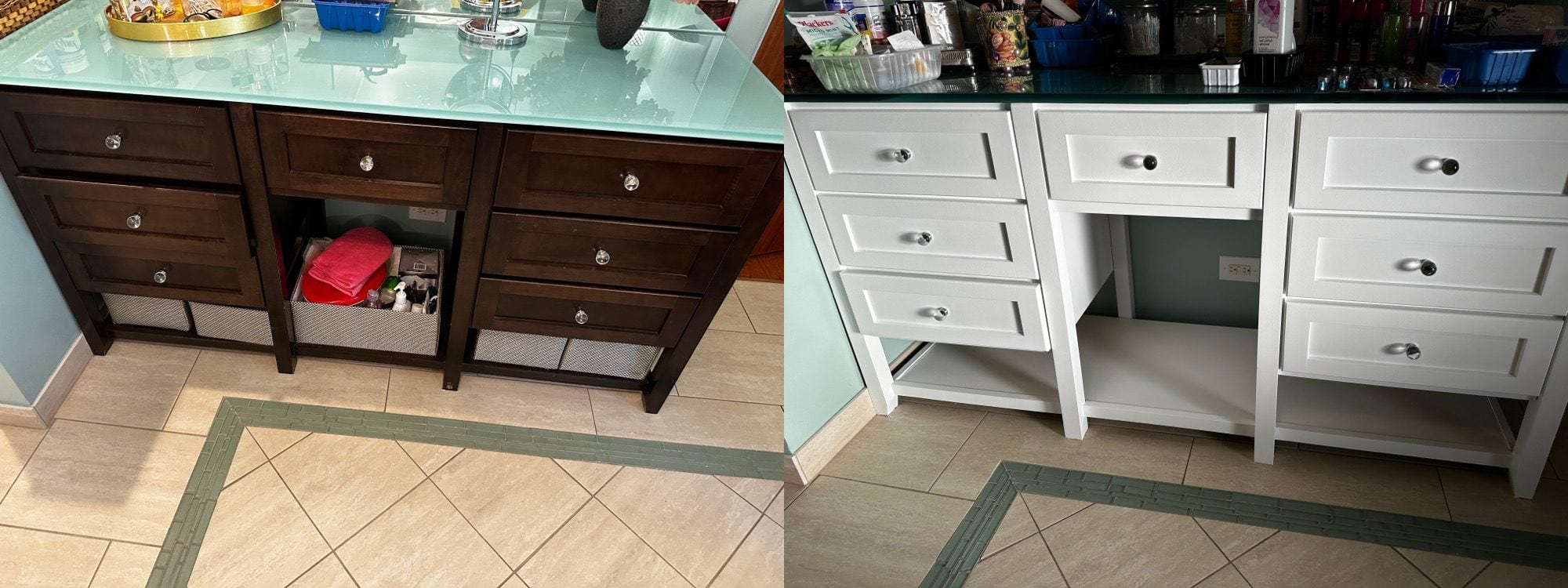 Dark stained wood vanity before and after being painted white by Sunpainting